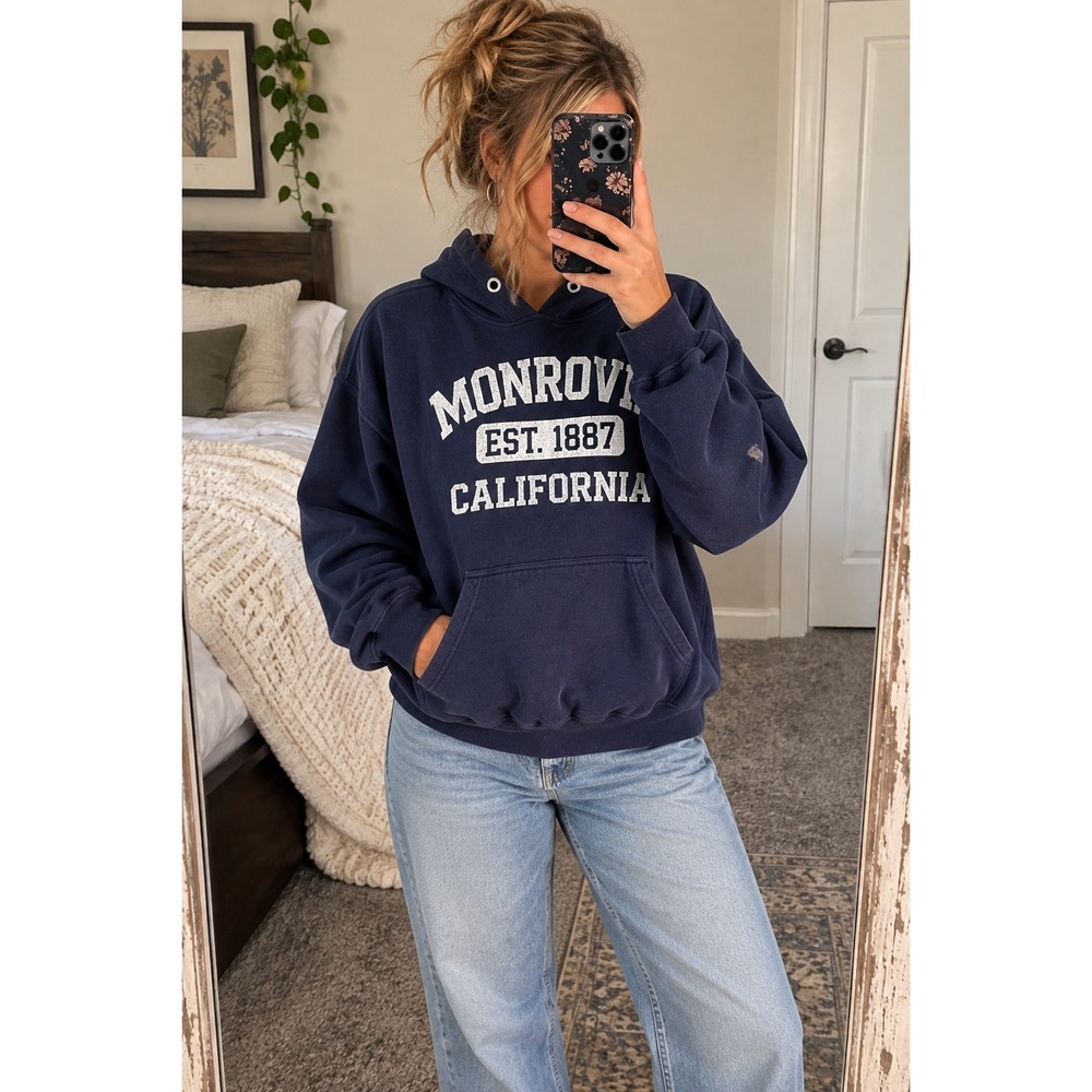 Vintage 1990s Jerzees NuBlend Monrovia California pullover hoodie in navy size S